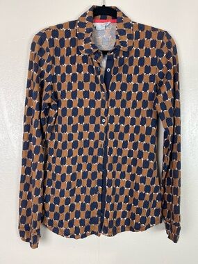 Boden Navy & Camel Geometric Button-Up Top